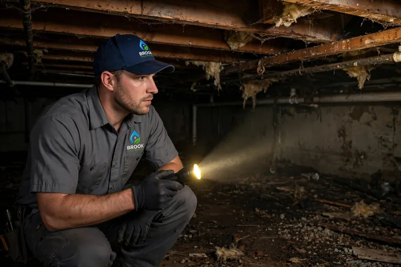 Brook Mold Removal inspector in company uniform checking a crawl space with a flashlight