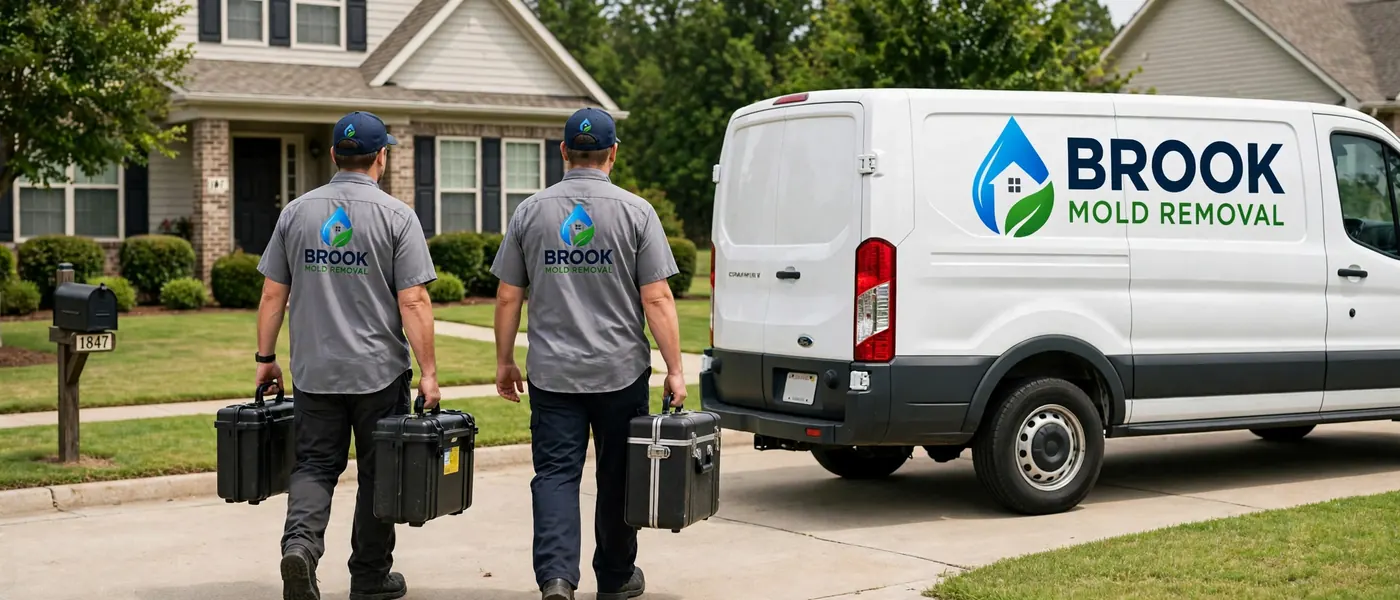 Two Brook Mold Removal technicians in company uniform walking to a home with equipment beside the branded service van