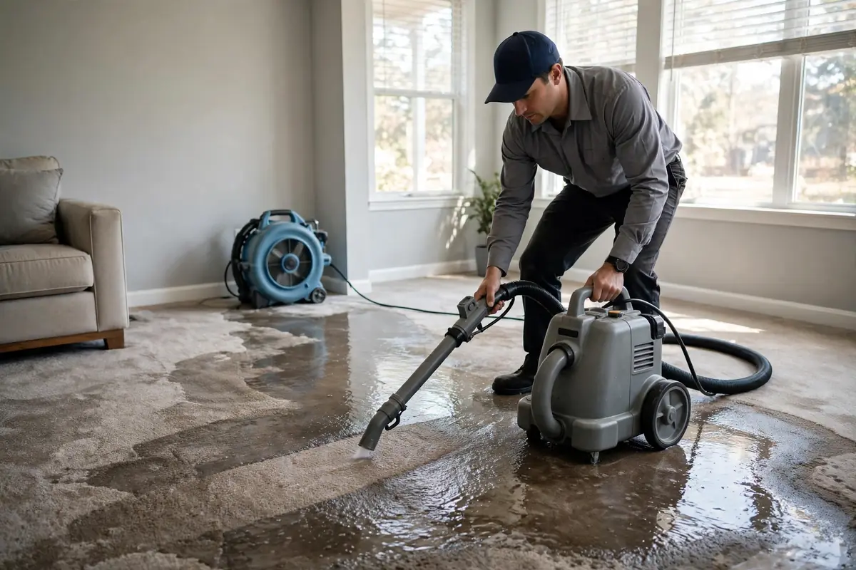 Brook Mold Removal technician in company uniform performing emergency water extraction