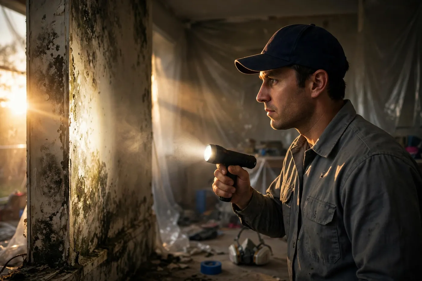 Brook Mold Removal technician inspecting a mold-damaged wall with a flashlight