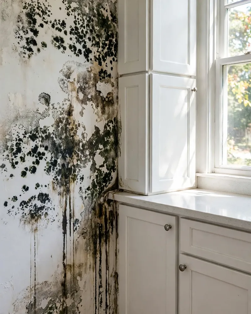 Mold damage on a bright kitchen wall beside white cabinets