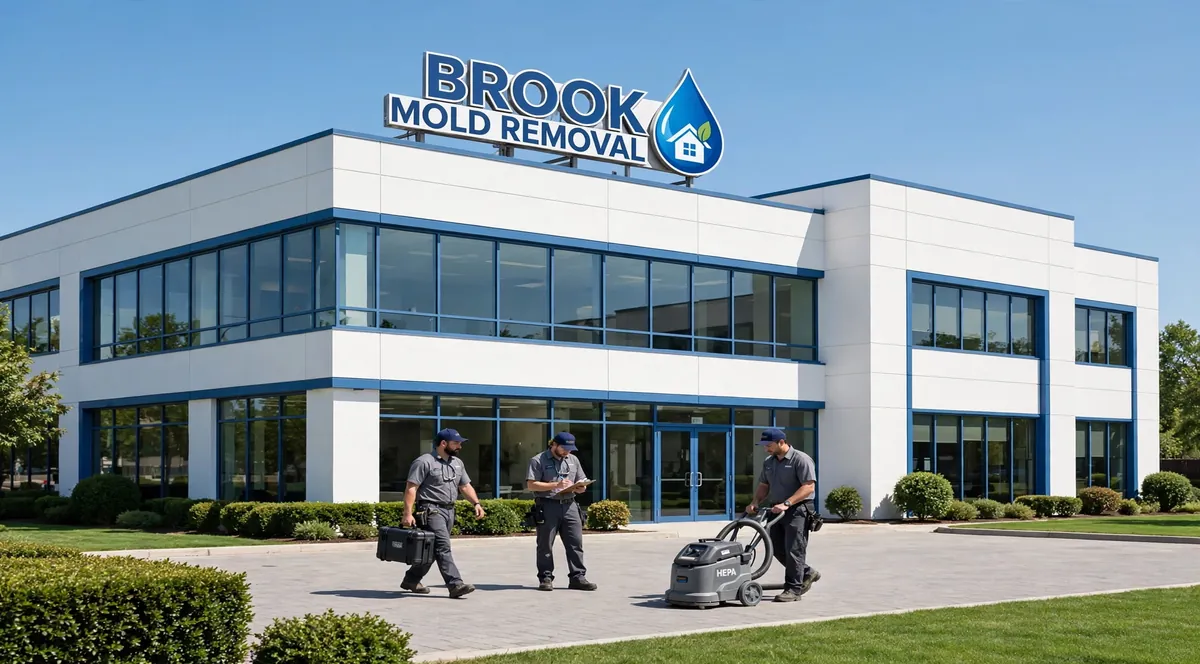 Brook Mold Removal technicians preparing equipment in front of the branded office building