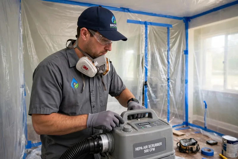 Brook Mold Removal technician in company uniform operating a HEPA air scrubber