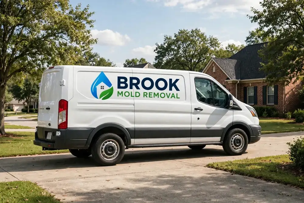 Brook Mold Removal branded service van parked in front of a suburban home